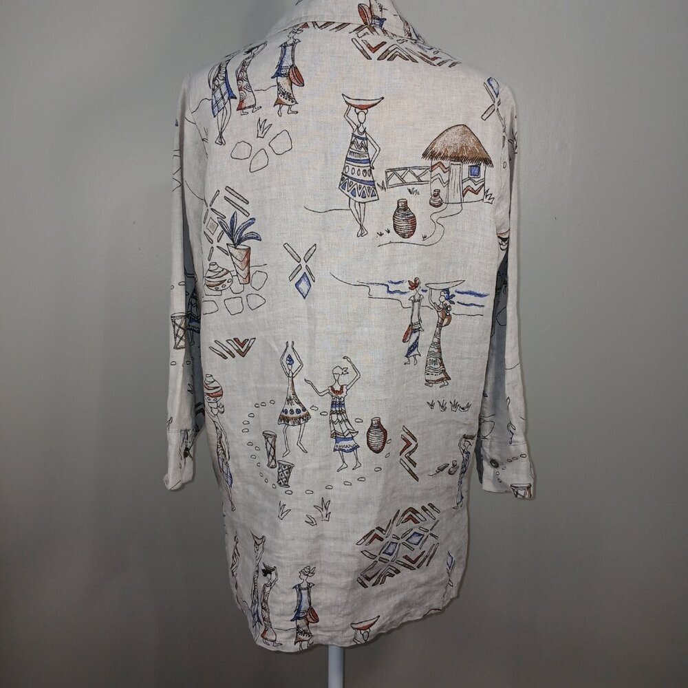 HOT COTTON BY MARC WARE LINEN TOP, SIZE PETITE LARGE, BEIGE, CARIBBEAN ARTSY - Picture 5 of 8